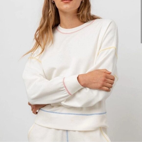 Rails Medium White Crewneck Sweatshirt Multicolor Stitching Cotton Blend Relaxed - Picture 2 of 10
